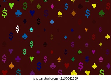 Dark multicolor, rainbow vector layout with elements of cards. Glitter abstract sketch with isolated symbols of playing cards. Pattern for booklets, leaflets of gambling houses.