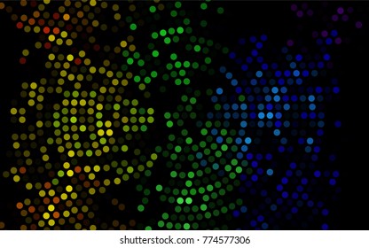 Dark Multicolor, Rainbow vector modern geometrical circle abstract background. Dotted texture template. Geometric pattern in halftone style with gradient. 