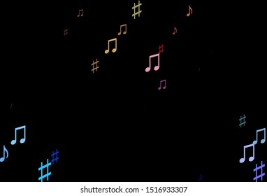 Dark Multicolor, Rainbow vector pattern with music elements. Decorative design in abstract style with music shapes. Template for fasion magazines.