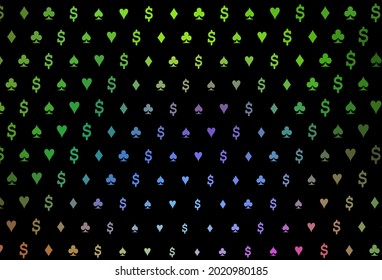 Dark multicolor, rainbow vector pattern with symbol of cards. Colorful gradient with signs of hearts, spades, clubs, diamonds. Smart design for your business advert of casinos.