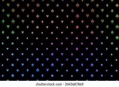 Dark multicolor, rainbow vector pattern with symbol of cards. Blurred decorative design of hearts, spades, clubs, diamonds. Pattern for ads of parties, events in Vegas.