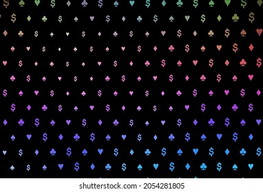 Dark multicolor, rainbow vector pattern with symbol of cards. Blurred decorative design of hearts, spades, clubs, diamonds. Template for business cards of casinos.