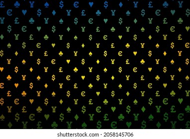 Dark multicolor, rainbow vector pattern with symbol of cards. Glitter abstract sketch with isolated symbols of playing cards. Pattern for ads of parties, events in Vegas.