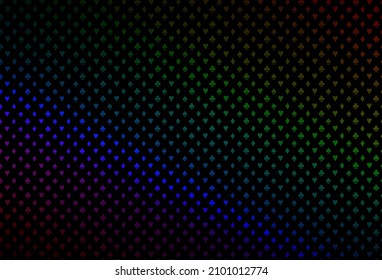 Dark multicolor, rainbow vector pattern with symbol of cards. Glitter abstract sketch with isolated symbols of playing cards. Template for business cards of casinos.