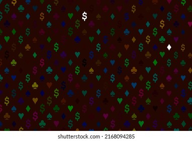 Dark multicolor, rainbow vector pattern with symbol of cards. Colorful gradient with signs of hearts, spades, clubs, diamonds. Pattern for ads of parties, events in Vegas.