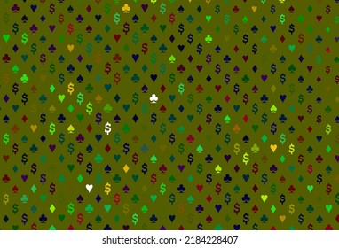 Dark multicolor, rainbow vector pattern with symbol of cards. Colorful gradient with signs of hearts, spades, clubs, diamonds. Smart design for your business advert of casinos.