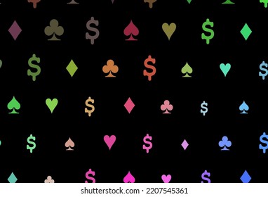 Dark multicolor, rainbow vector pattern with symbol of cards. Blurred decorative design of hearts, clubs, diamonds. Pattern for ads of parties, events in Vegas.