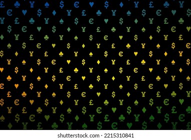 Dark multicolor, rainbow vector pattern with symbol of cards. Shining illustration with hearts, spades, clubs, diamonds. Template for business cards of casinos.