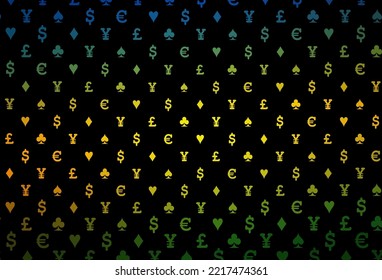 Dark multicolor, rainbow vector pattern with symbol of cards. Glitter abstract sketch with isolated symbols of playing cards. Pattern for leaflets of poker games, events.