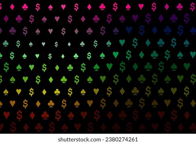 Dark multicolor, rainbow vector pattern with symbol of cards. Illustration with set of hearts, spades, clubs, diamonds. Pattern for booklets, leaflets of gambling houses.