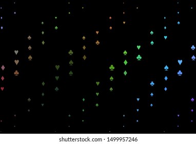 Dark Multicolor, Rainbow vector template with poker symbols. Illustration with set of hearts, spades, clubs, diamonds. Template for business cards of casinos.