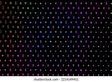 Dark multicolor, rainbow vector template with poker symbols. Blurred decorative design of hearts, spades, clubs, diamonds. Pattern for booklets, leaflets of gambling houses.