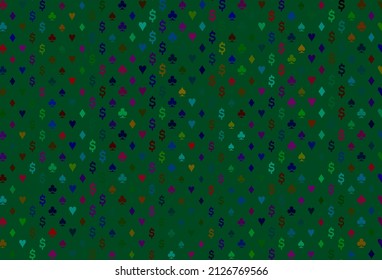 Dark multicolor, rainbow vector texture with playing cards. Glitter abstract sketch with isolated symbols of playing cards. Smart design for your business advert of casinos.