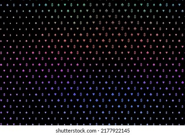 Dark multicolor, rainbow vector texture with playing cards. Illustration with set of hearts, spades, clubs, diamonds. Smart design for your business advert of casinos.