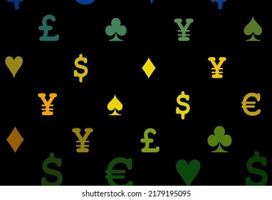 Dark multicolor, rainbow vector texture with playing cards. Colorful gradient with signs of hearts, spades, clubs, diamonds. Template for business cards of casinos.