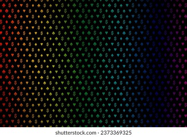 Dark multicolor, rainbow vector texture with playing cards. Illustration with set of hearts, spades, clubs, diamonds. Design for ad, poster, banner of gambling websites.