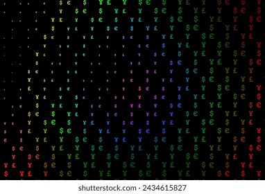 Dunkle mehrfarbige, Regenbogen-Vektor-Textur mit finanziellen Symbolen. Moderne abstrakte Illustration mit Geldsymbolen. Das Muster kann für Werbung, Broschüren, Broschüren von Banken verwendet werden.
