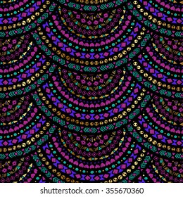 dark multicolor tribal doodle seamless pattern.aztec grunge abstract geometric art print. ethnic hipster backdrop. Wallpaper, cloth design, fabric, paper, wrapping, postcards, textile. hand drawn.  