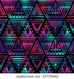 dark multicolor tribal Navajo vector seamless pattern with triangles. aztec fancy abstract geometric art print. ethnic hipster backdrop. Wallpaper, cloth design, fabric, paper, cover, textile.