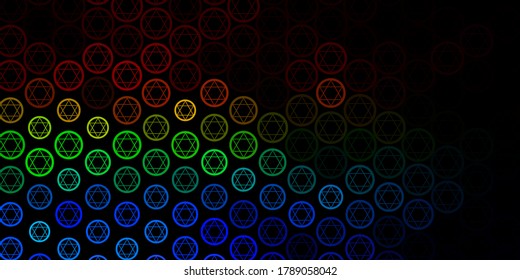 Dark Multicolor vector backdrop with mystery symbols. Colorful mystic symbols with a gradient in ancient style. Background for esoteric, mystic designs.