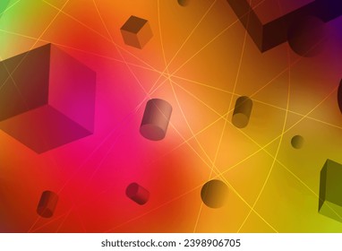 Dark Multicolor vector background with 3D cubes, cylinders, spheres, rectangles. Abstract illustration with colorful 3D shapes. Elegant design for wallpapers.