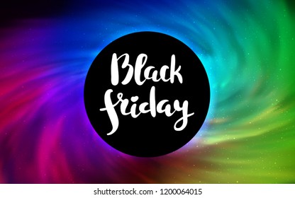 Dark Multicolor vector background with a black hole, sky. Abstract illustration with glitter colorful cosmic stars. Backdrop for Black Friday promotions.