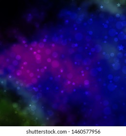 Dark Multicolor vector background with circles, stars. Glitter abstract illustration with colorful drops, stars. Design for textile, fabric, wallpapers.