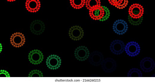 Dark multicolor vector background with covid-19 symbols. Simple design in abstract style with infection forms. Design for biohazard warning.