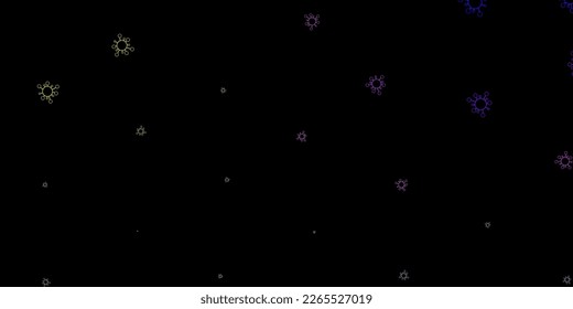 Fondo vector multicolor oscuro con símbolos covid-19. Ilustración inteligente con signos cómodos en estilo decorativo. Diseño para la alerta de riesgo biológico.