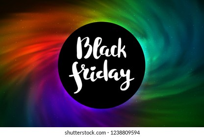 Dark Multicolor vector cover with a black hole, nebula. Gradient colorful illustration with a black hole, stars. Backdrop for ads, leaflets of Black Friday.