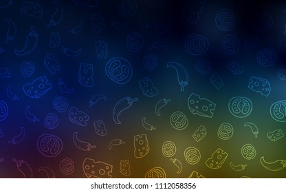 Dark Multicolor vector cover with cuisine gourmet. Fast Food on blurred abstract background with colorful gradient. Template for meal cooking in kitchen.