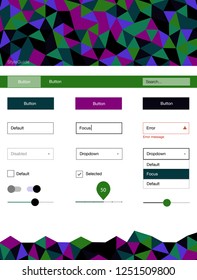 Dark Multicolor vector design ui kit with mosaic. Ui Ux kit with colorful polygonal background in its header. This sample is for your website.