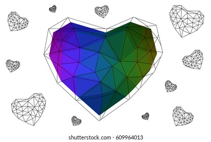 Dark Multicolor vector greeting Card Happy Valentine's Day. Lettering with hearts on the white polygonal background. Colored triangular illustration for your business.