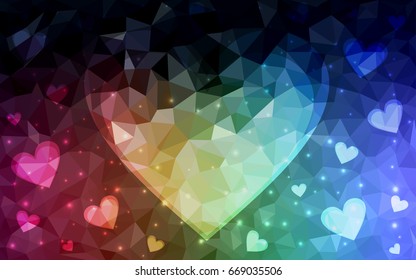 Dark Multicolor vector greeting Card Happy Valentine's Day. Lettering with hearts on the white polygonal background. Colored triangular illustration for your business.