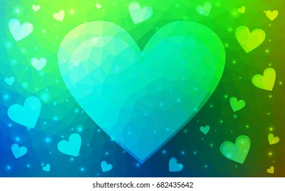 Dark Multicolor vector greeting Card Happy Valentine's Day. Lettering with hearts on the white polygonal background. Colored triangular illustration for your business.