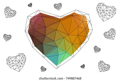Dark Multicolor vector greeting Card Happy Valentine's Day. Lettering with hearts on the white polygonal background. Colored triangular illustration for your business.