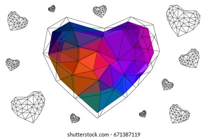 Dark Multicolor vector heart isolated on white background. Geometric rumpled triangular low poly origami style gradient graphic illustration. Polygonal design for your business.