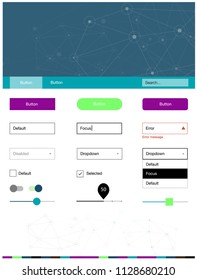 Dark Multicolor vector Material Design Kit with lines, circles. Colorful ui/ux kit with triangles, circles in header. This template you can use for websites.