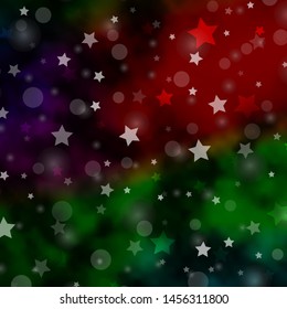 Dark Multicolor vector pattern with circles, stars. Glitter abstract illustration with colorful drops, stars. Template for business cards, websites.