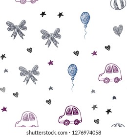 Dark Multicolor vector seamless backdrop with holiday gifts. Illustration with a gradient toy car, heart, baloon, tulip, candy, ball. Pattern for carnival, festival ads.