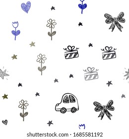 Dark Multicolor vector seamless backdrop with holiday gifts. Abstract illustration with a toy car, heart, baloon, tulip, candy, ball. Design for holiday adverts.