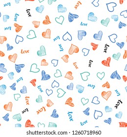 Dark Multicolor vector seamless background with words of love, hearts. Illustration with words of love, hearts in abstract style. Template for business cards, websites.