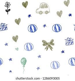 Dark Multicolor vector seamless background with xmas attributes. Shining illustration with a toy car, heart, baloon, tulip, candy, ball. Pattern for carnival, festival ads.