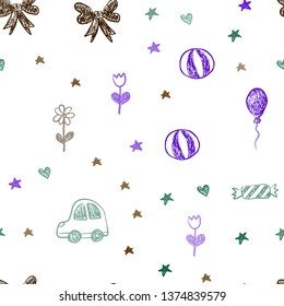 Dark Multicolor vector seamless background with xmas attributes. Illustration with a colorful toy car, heart, baloon, tulip, candy, ball. Pattern for new year ads.