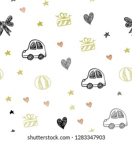 Dark Multicolor vector seamless layout with new year gifts. Abstract illustration with a toy car, heart, baloon, tulip, candy, ball. Template for new year postcards.