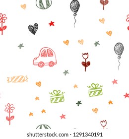 Dark Multicolor vector seamless pattern with christmas toys. Illustration with a colorful toy car, heart, baloon, tulip, candy, ball. Pattern for birthday gifts.