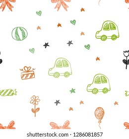 Dark Multicolor vector seamless template with carnival elements. Abstract illustration with a toy car, heart, baloon, tulip, candy, ball. Design for holiday adverts.