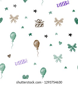 Dark Multicolor vector seamless template in carnival style. Shining illustration with aheart, baloon, candy, gift, star, ribbon. Design for holiday adverts.