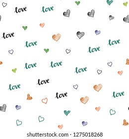 Dark Multicolor vector seamless texture with words LOVE YOU, hearts. Design in doodle style with text LOVE YOU, hearts. Template for business cards, websites.
