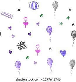 Dark Multicolor vector seamless texture in birthday style. Design in xmas style with aheart, baloon, candy, gift, star, ribbon. Pattern for carnival, festival ads.